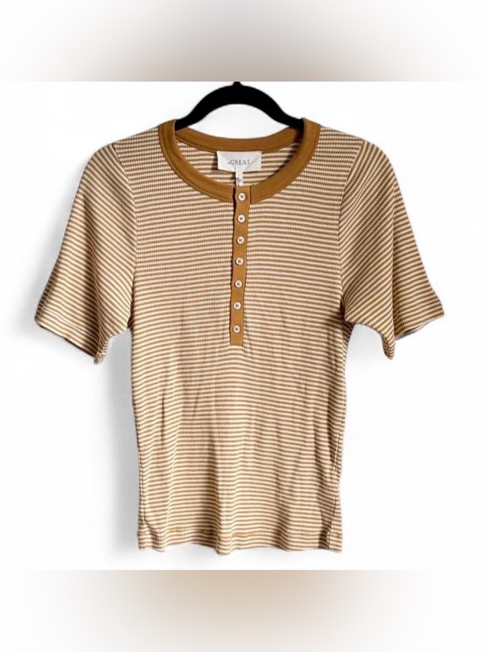 THE GREAT. Baseline Henley Ribbed Tee Bronze Stripe Cotton Blend New With Tag